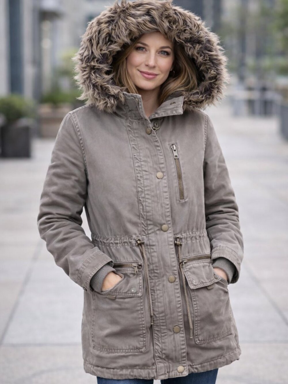 Garage Khaki Military Parka with Removable Faux Fur Vest Liner